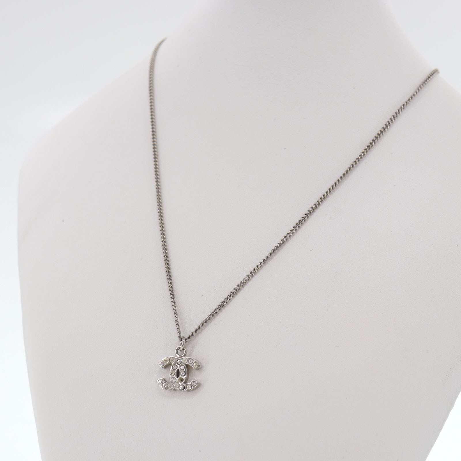 CHANEL Used CC Logos Chain Necklace Rhinestone Silver Pendant B11V Italy #EM57 O