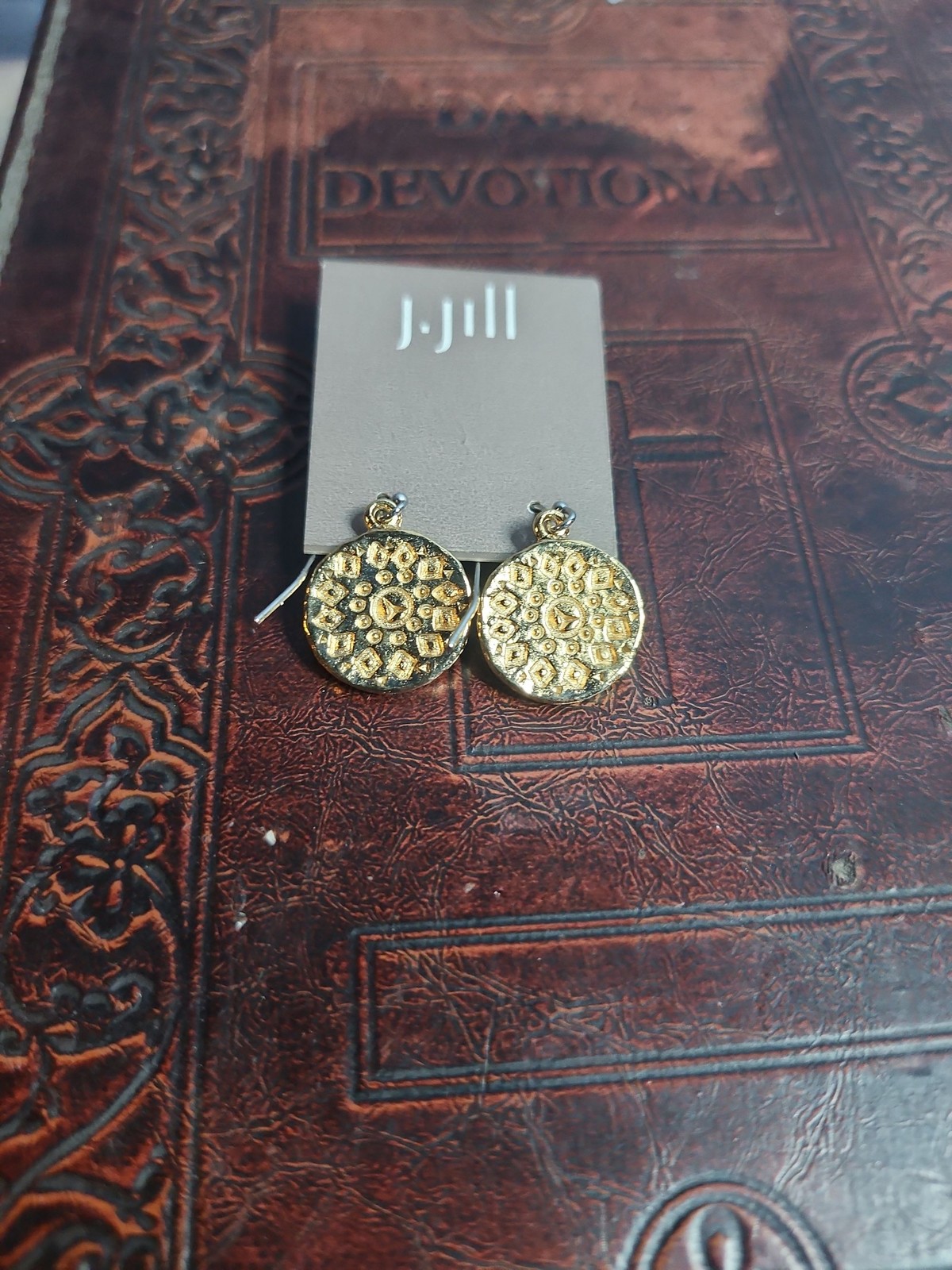 J.Jill Gold Tone Dangle Earrings Textured Round Boho Floral