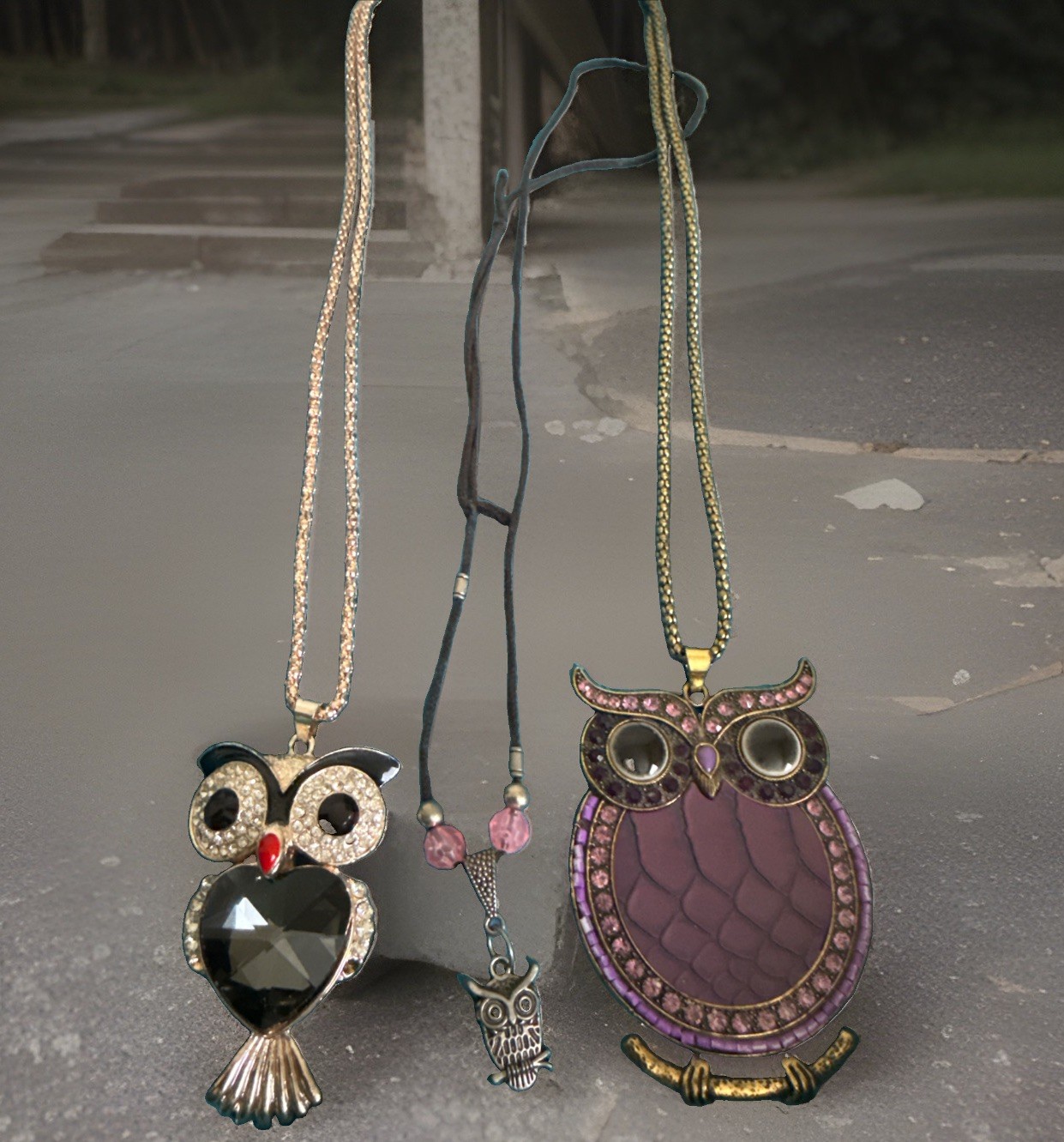 Owl Necklace Lot of 3 13-16 Chain And Rope Necklaces