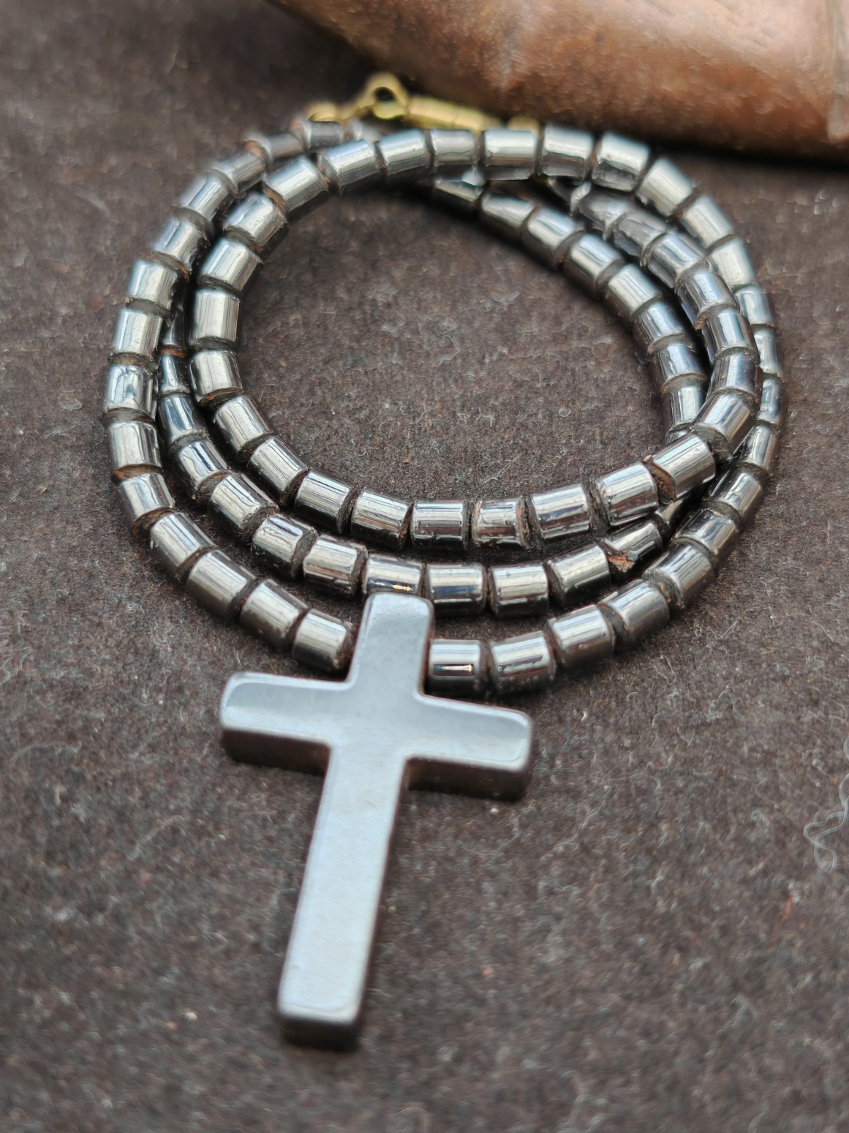 Hematite gun metal grey Cross bead gemstone necklace Christian Religious