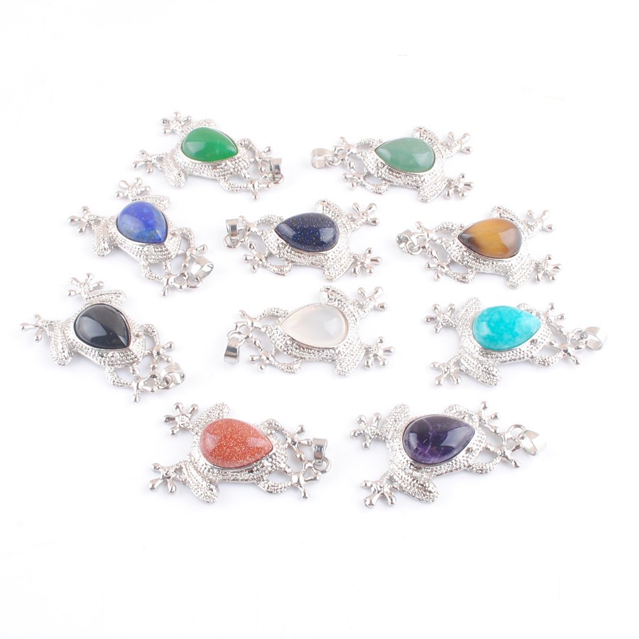 Mixed 10Pcs Natural Gemstone Pendants Frog Shaped Charm Lucky Fashion Jewelry