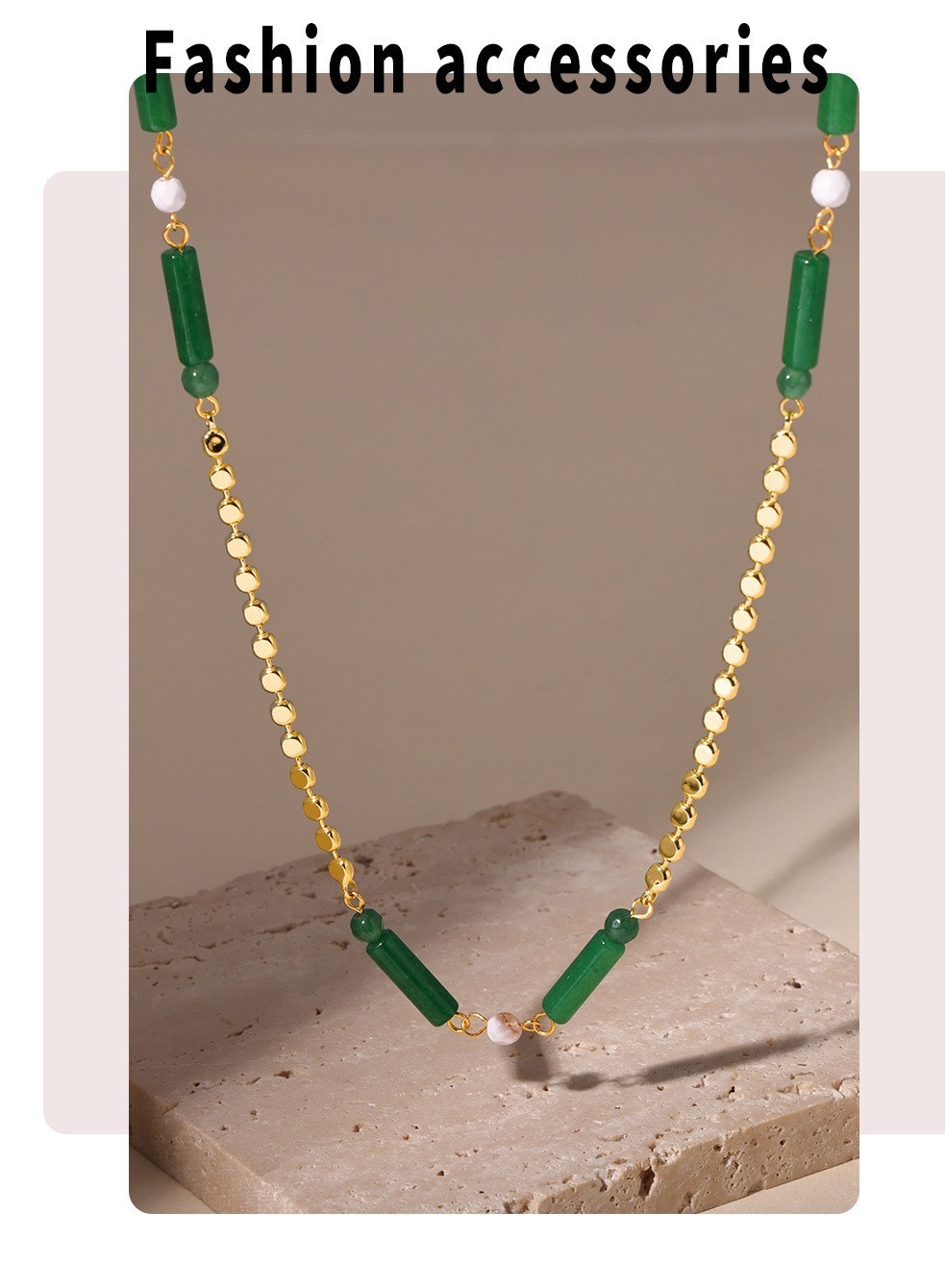 Stainless Steel Green Natural Stone Bamboo Bead Faux Pearl Necklace