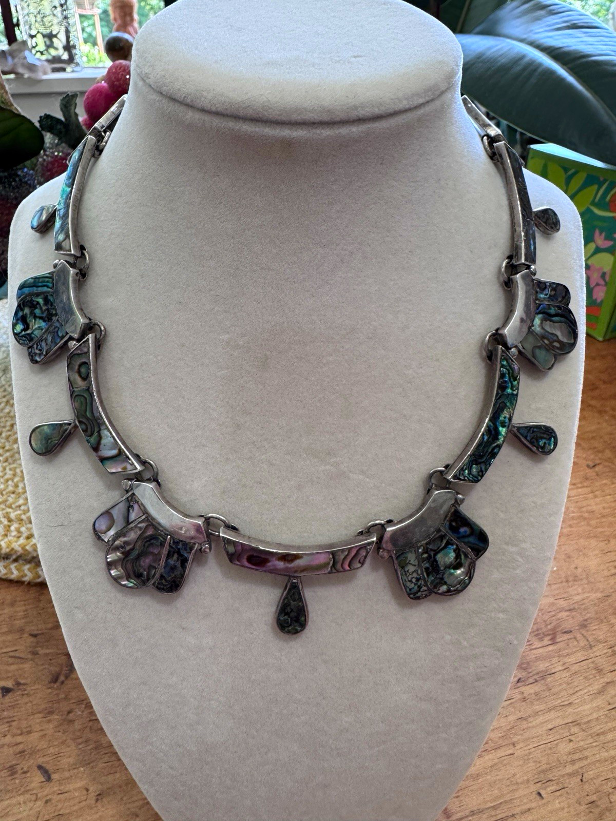 Sterling Silver Abalone Shell Inlay Statement Choker Necklace, 61.2 g
