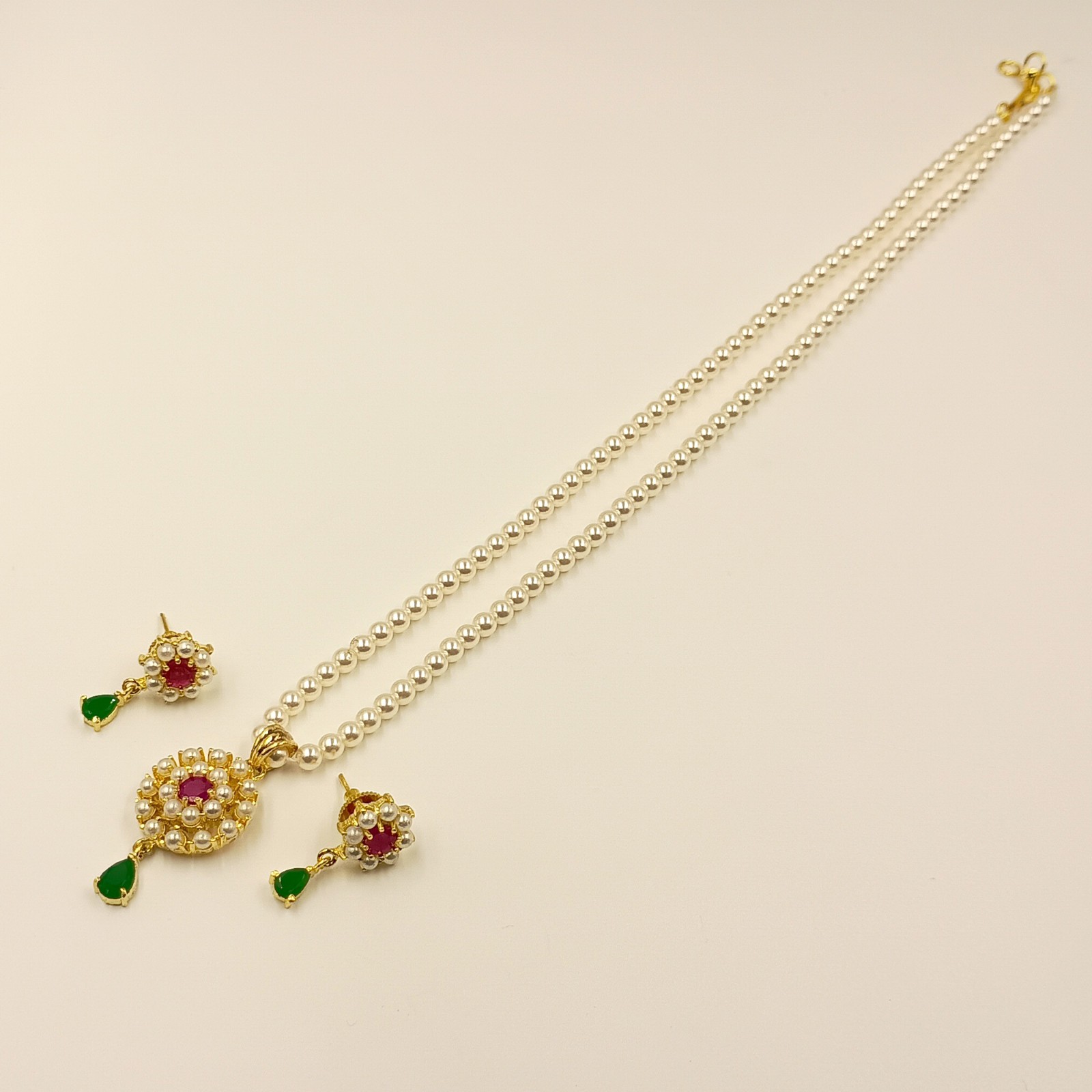 Traditional Indian Pendant Set, Ruby Emerald & Pearl 22k Gold Plated Jewelry Gif