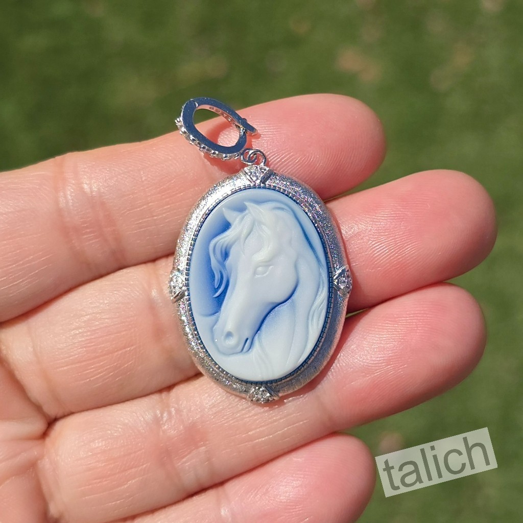 925 Sterling Silver Blue Agate & CZ Horse Cameo Pendant Fine Elegant Gift Idea