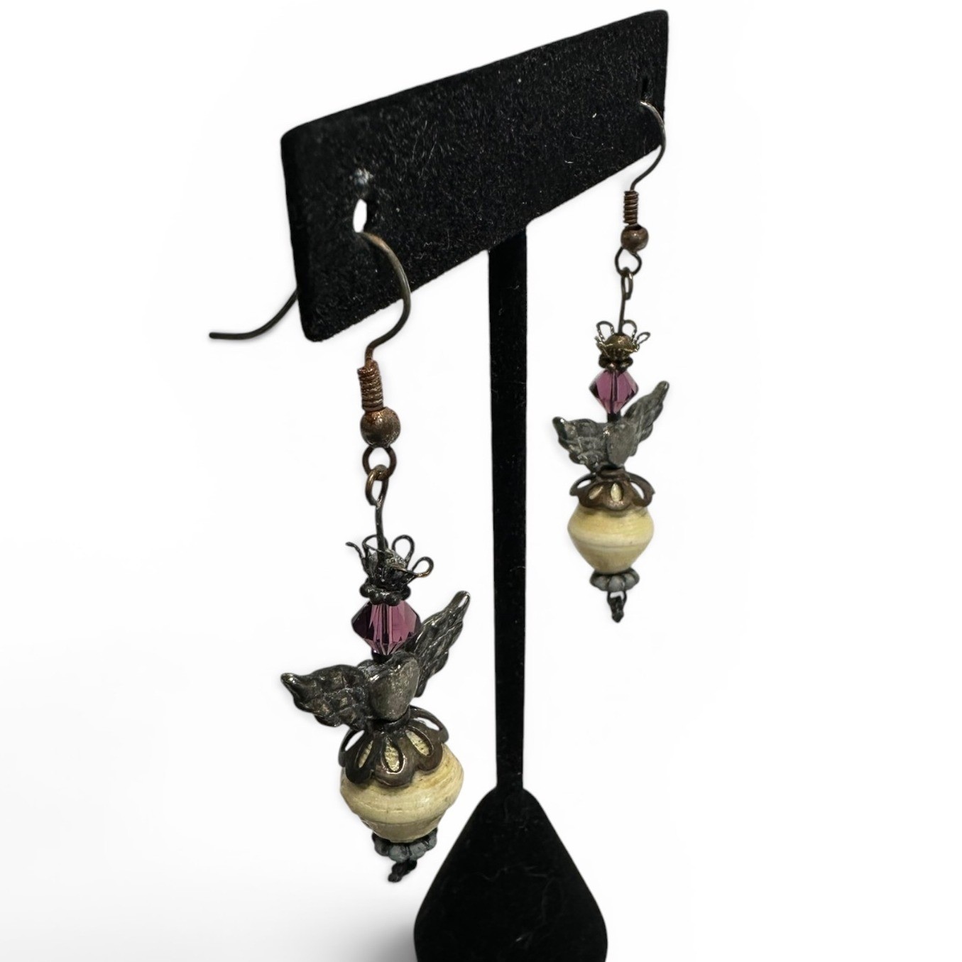 Angel Drop Earrings Cream Antiqued Silver Tone Purple Whimsigoth