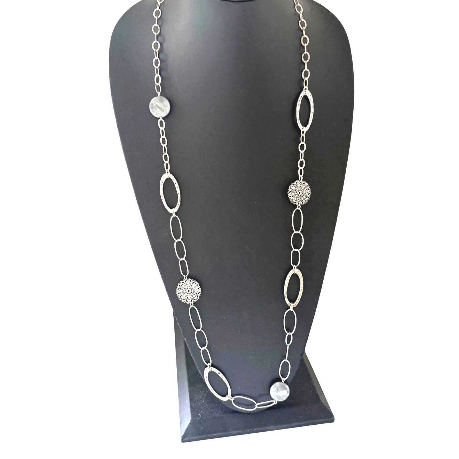 Necklace Long oval Chain Beaded Modern Bohemian Statement Silver Tone 38 inches