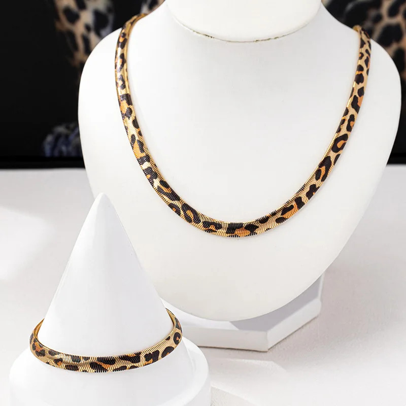 Leopard Print Snake Chain Bracelet Necklace Set For Women Fashion Jewelry Daily