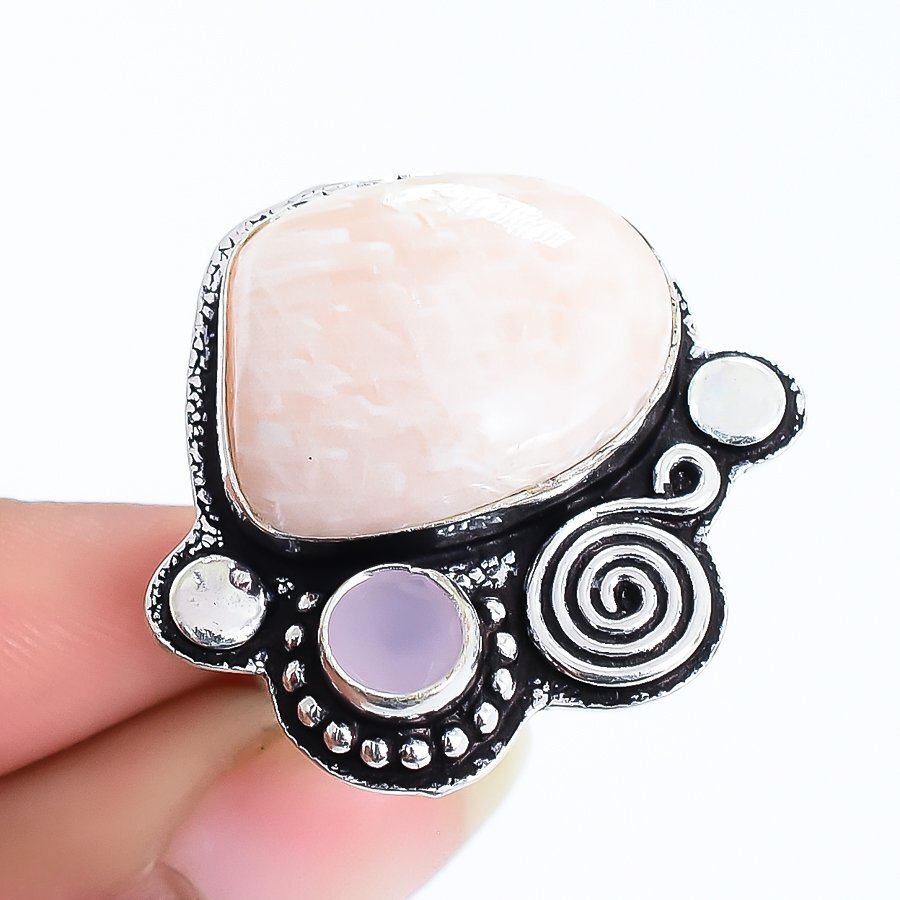Pink Scolecite, Rose Quartz Gemstone Silver Jewelry Ring Size 7 RRJ16692