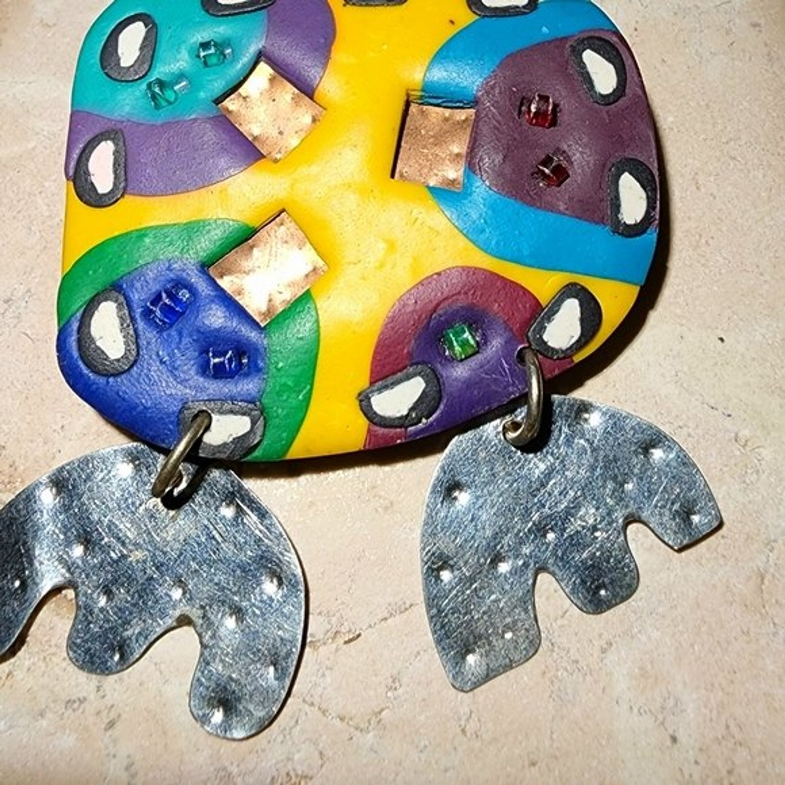 1990s Yellow blue and green decorated abstract irregular geometric shapes brooch