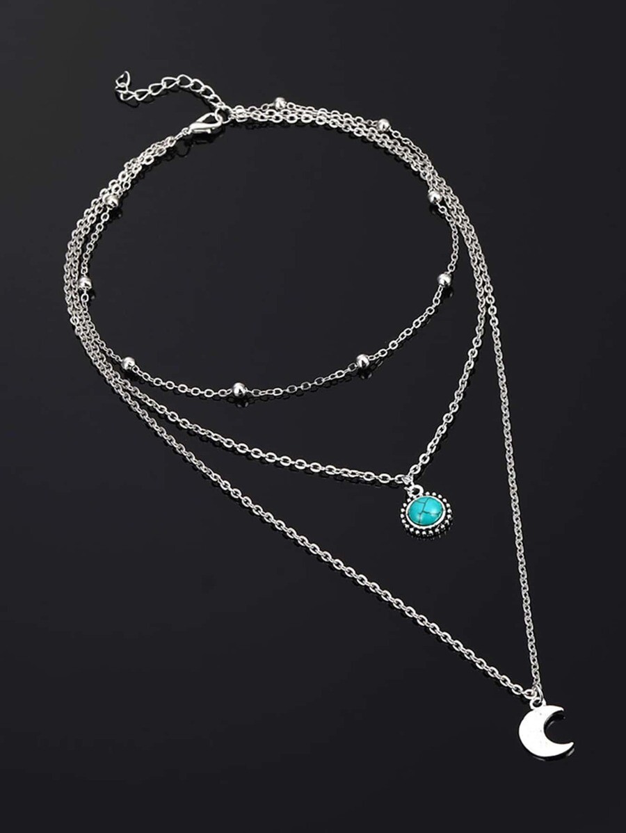 💥 New Emery Rose Moon Layered Necklace, Silver Tone Alloy