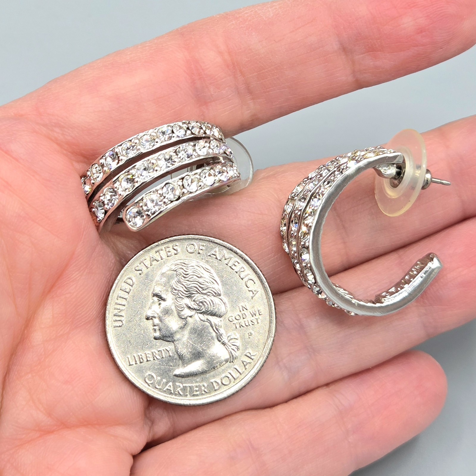 St. John Crystal Pave Rhodium Plate Triple Huggie Hoop Post Earrings