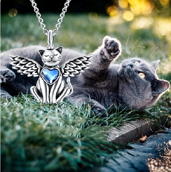 ANGEL WING CAT BLUE HEART Pendant On 925 Sterling Silver 18″ necklace Gold Award