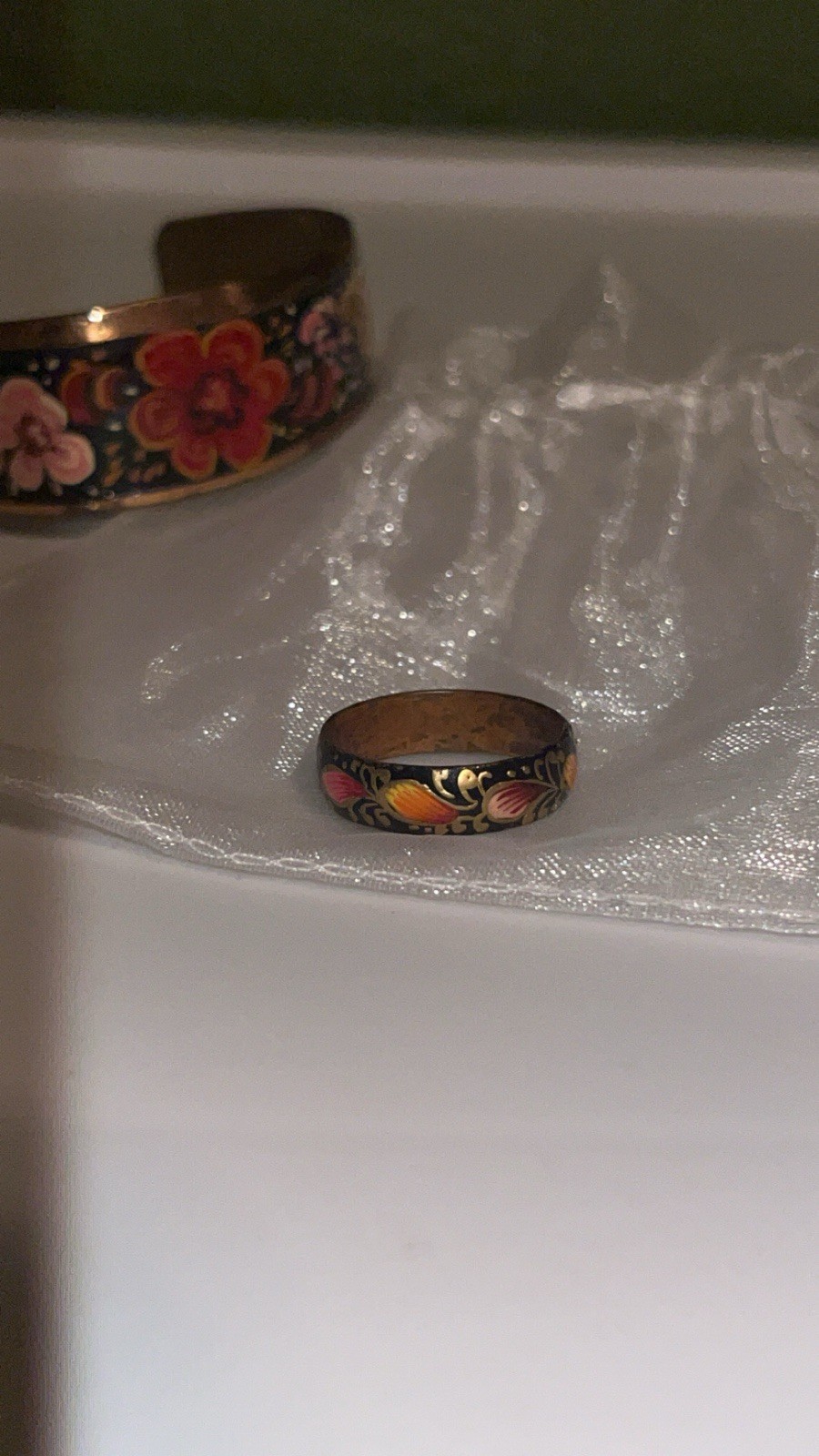 Multicolor Floral Open-Ended Cuff Bracelet & Ring, Flowers Theme Copper