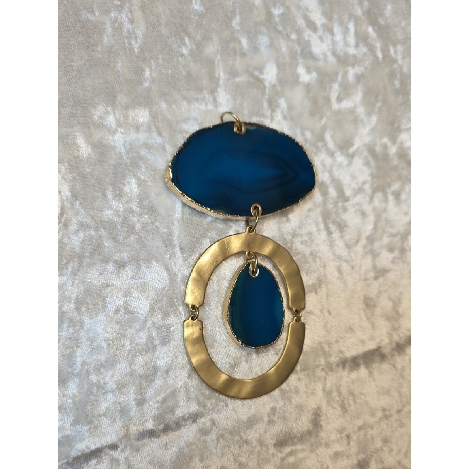 Blue/Teal Agate Statement Pendant with Gold-Tone Rings