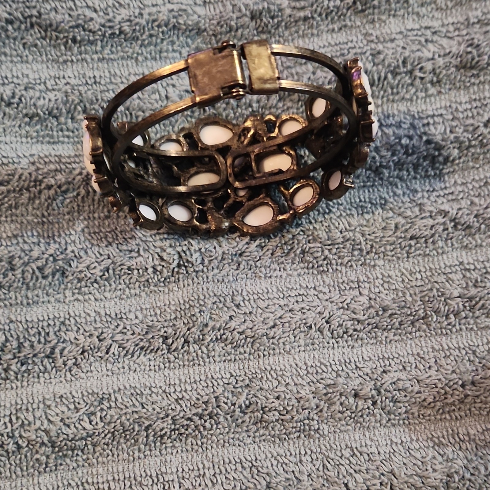 Hinged Cuff Bracelet Black w/ Oval Ivory Cabochons & Purple Rhinestones