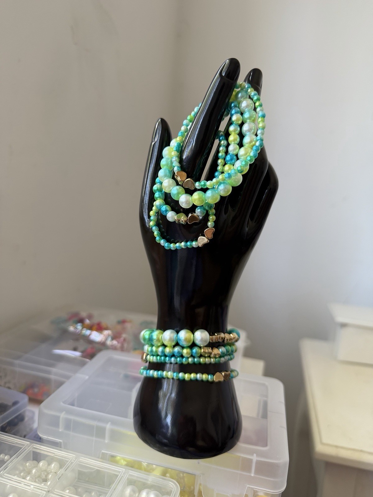 Green Blue Yellow Stackable Beaded Stretch Bracelet Set, Round Bead, No Clasp