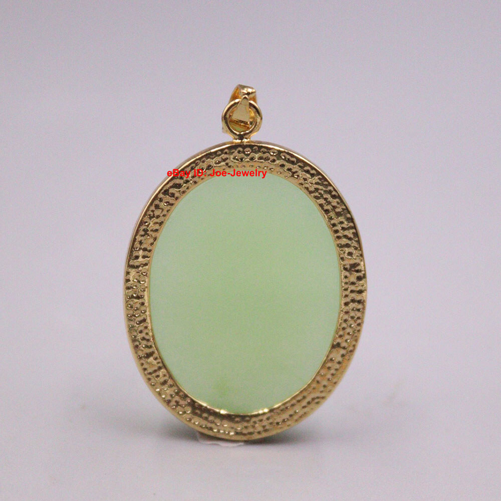 Yellow Gold Plated Alloy with Heated Oval Light-Green Jade Pendant 1.50inch L