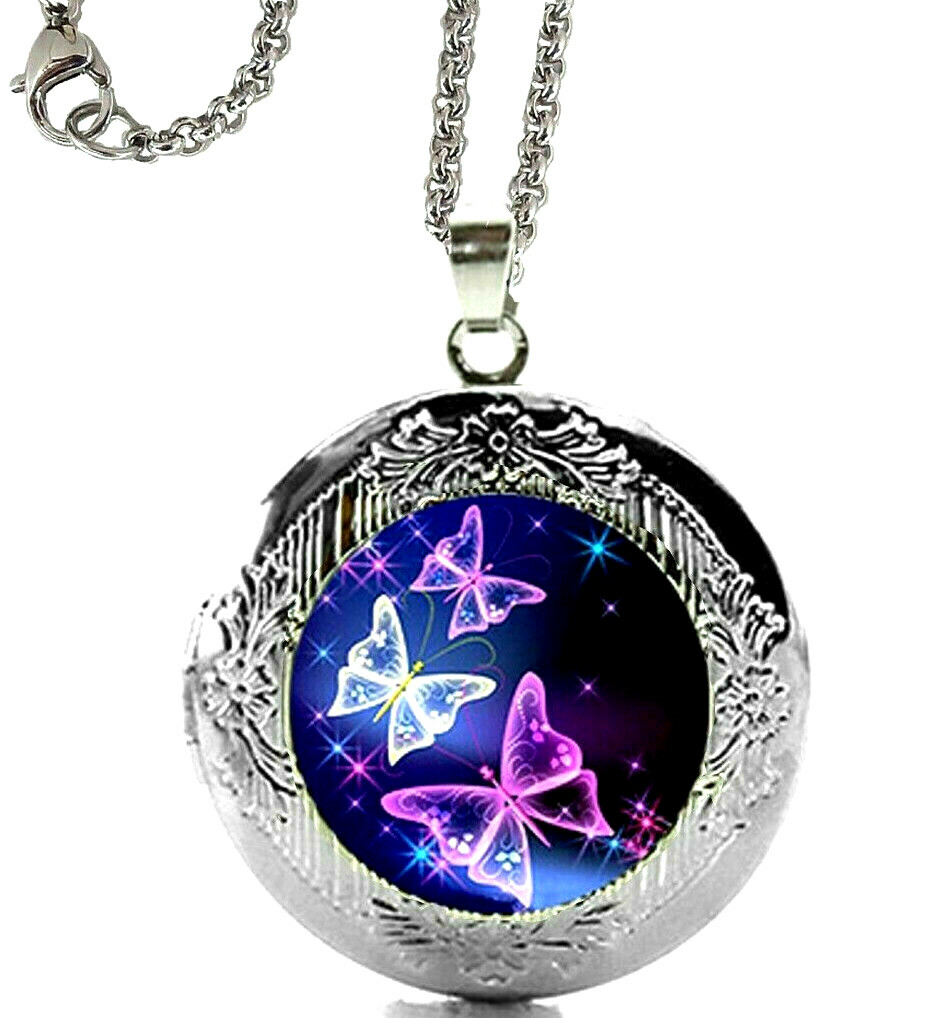 Blue Purple Butterfly Locket Pendant Necklace on 24″ Stainles Steel Chain