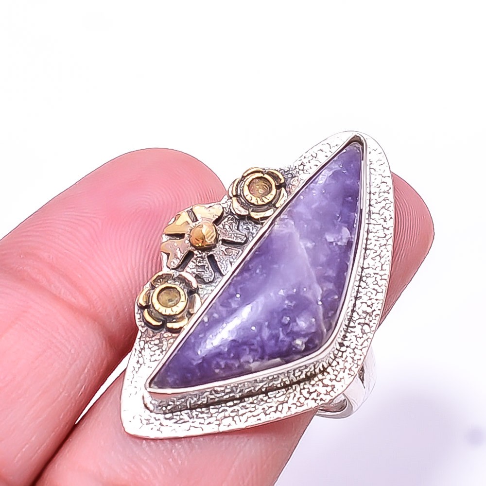 Purple Charoite Two Tone 925 Sterling Silver Ring s.8.5 R, Christmas Gift