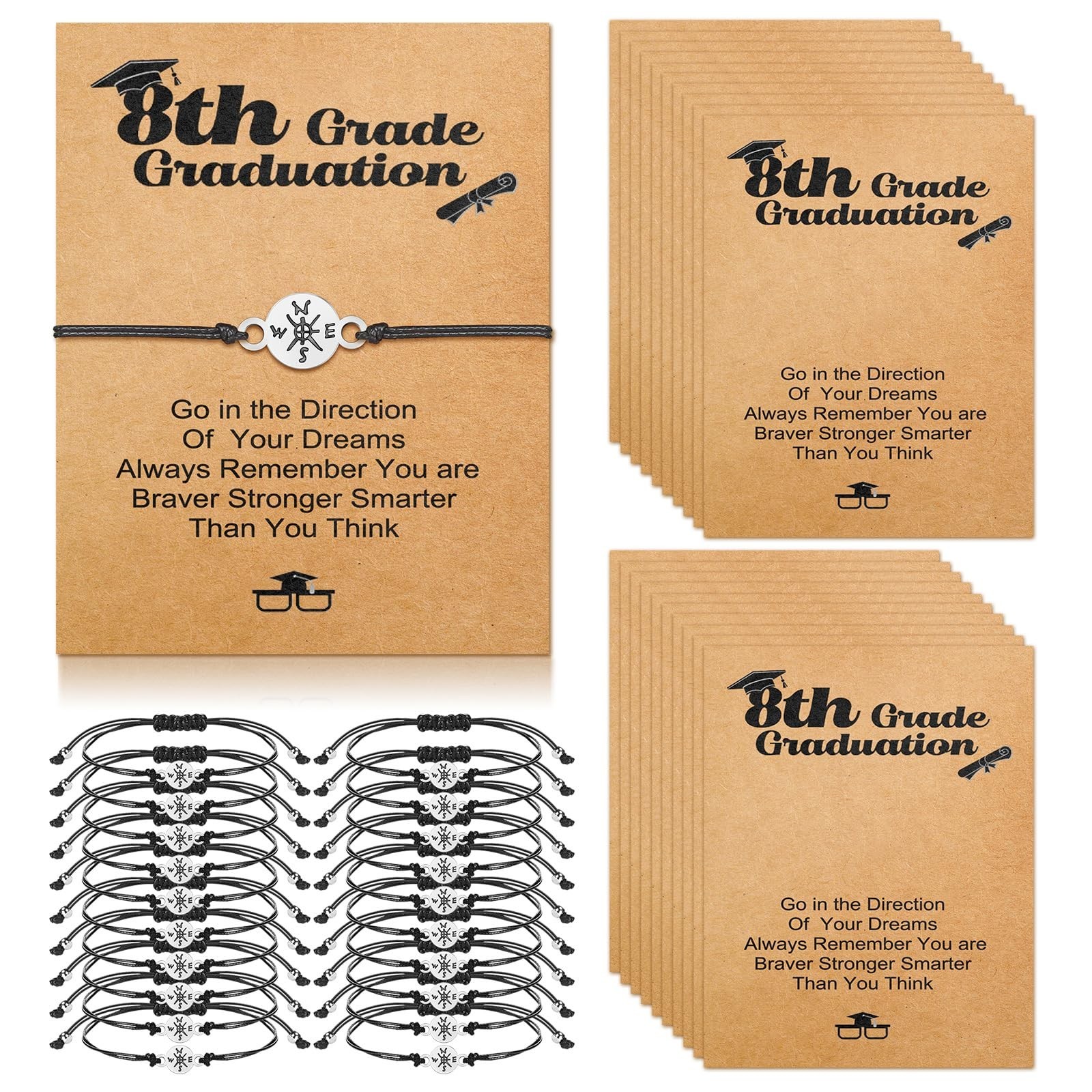 20 Set 8th Grade Graduation Compass Bracelets – Inspirational Adjustable Gifts f