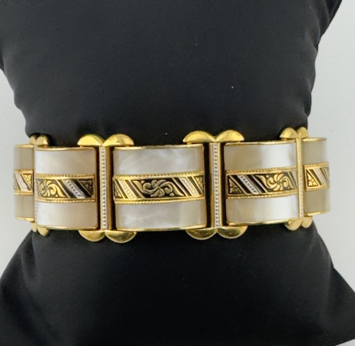 Vintage Damascene Toledo Panel Bracelet Gold Tone Mother Of Pearl Wide Link