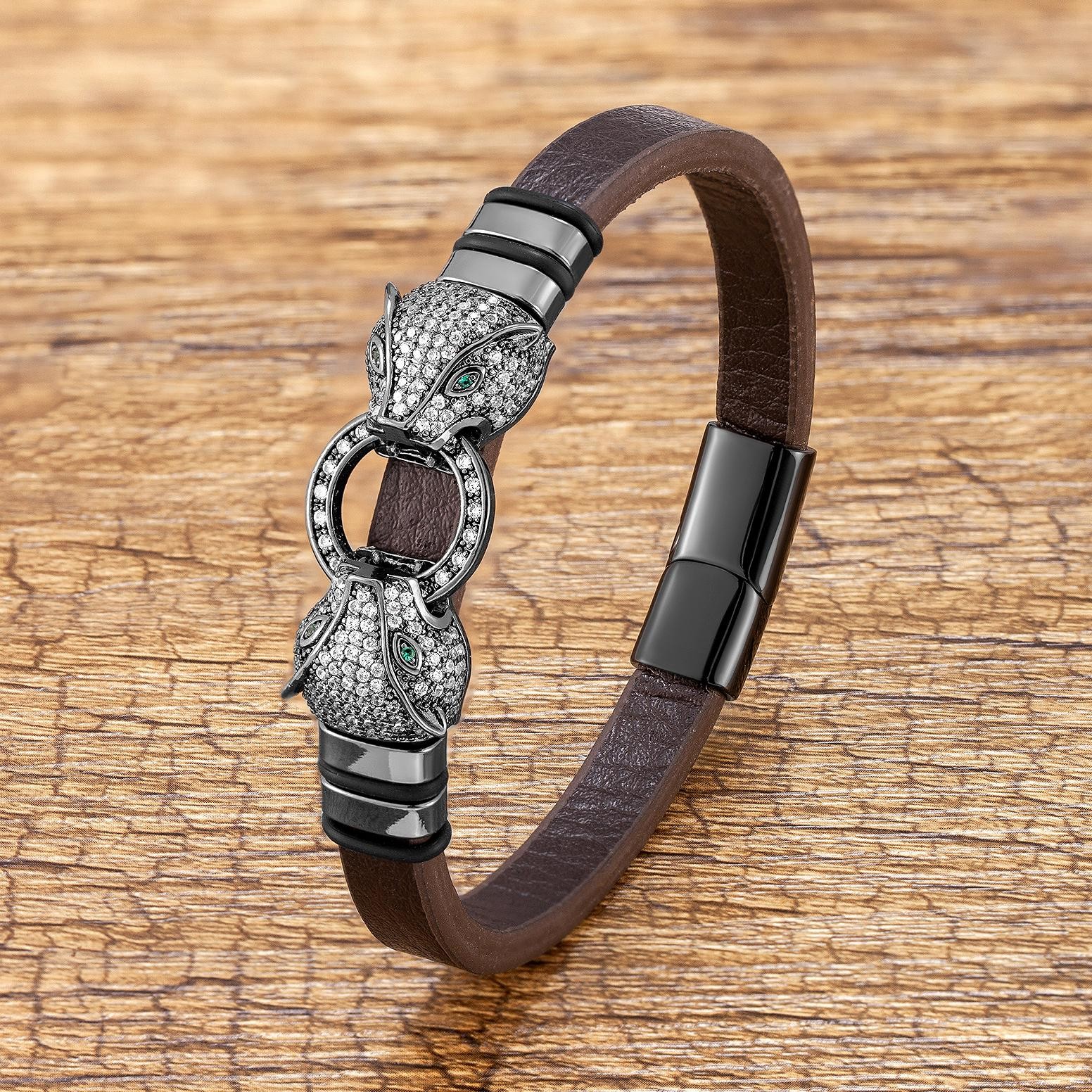 Cubic Zirconia Animal Shape Brown Leather Bracelet Women Men Jewelry