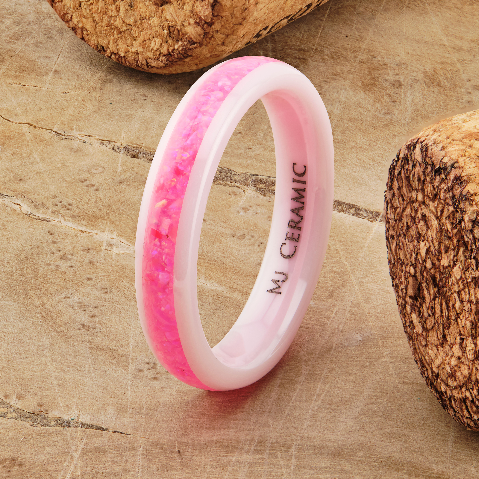 White Ceramic rings Rainbow, Lavender, or Pink Mimosa Opal inlay comfort fit 4mm