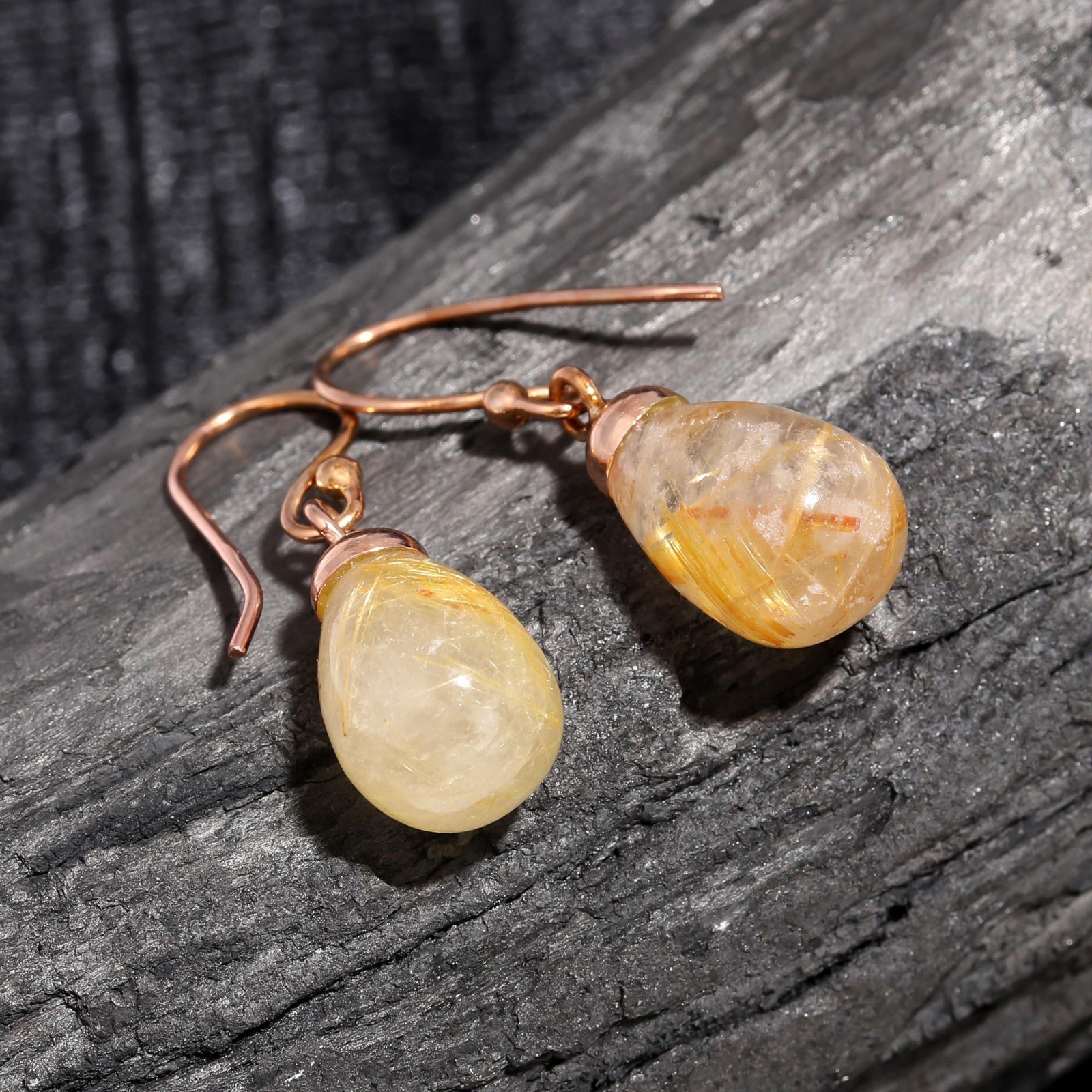 Natural Golden Rutile Teardrop Earrings Rose Gold Filled Solid Silver Jewelry