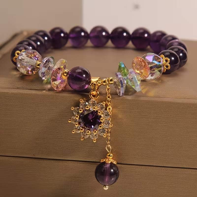 Elegant Purple Beaded Bracelet with Sparkling Crysal Stretchable about 7-8 inch
