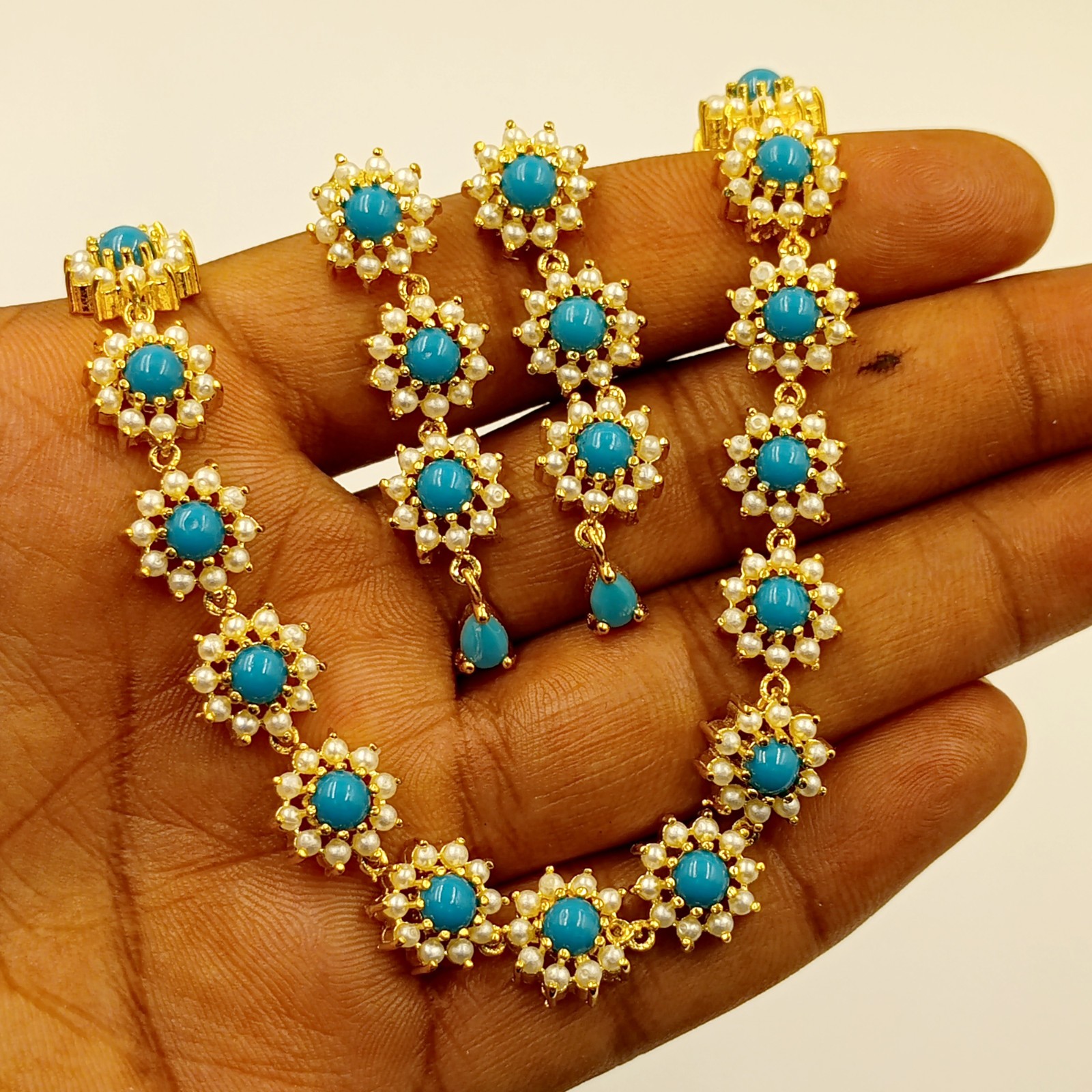 Bohemian Turquoise Pearl Necklace Set 22k Gold Plated Wedding Party Jewelry Gift