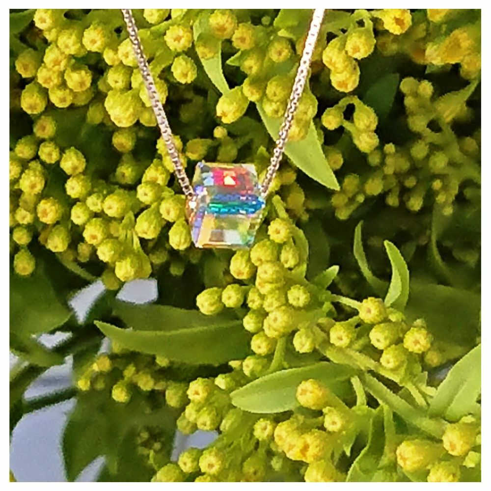 Cube Pendant Crystal Silver Box Chain Necklace Jewellery For Women Ideal Gift
