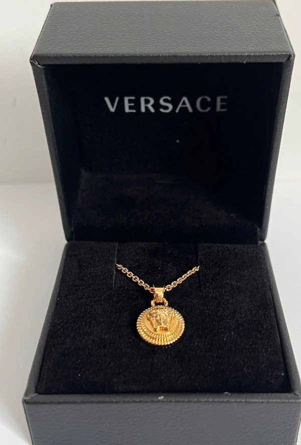 Versace Medusa Head Round Medallion Gold Color Pendant Chain Necklace