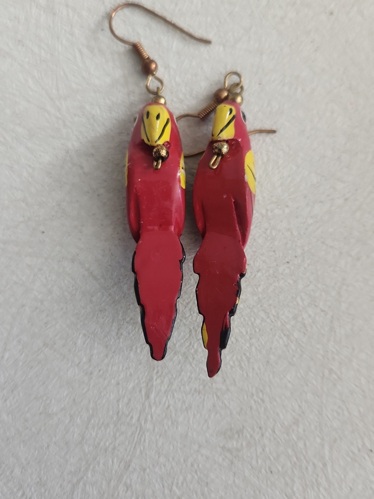 Vintage Hand Painted & Crafted Wood Pink & Yellow PARROT BIRD DANGLE EARRINGS