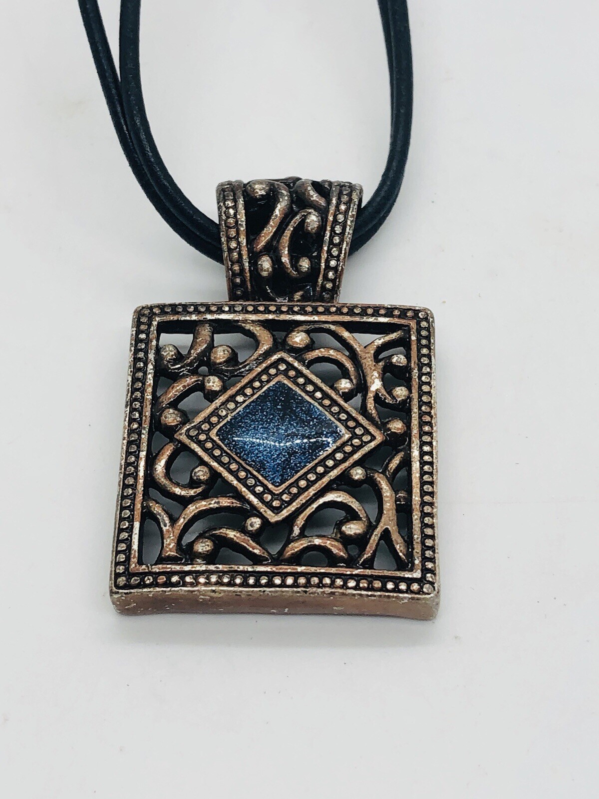 VJ square bronzetone pendant filigree faux leather cord necklace