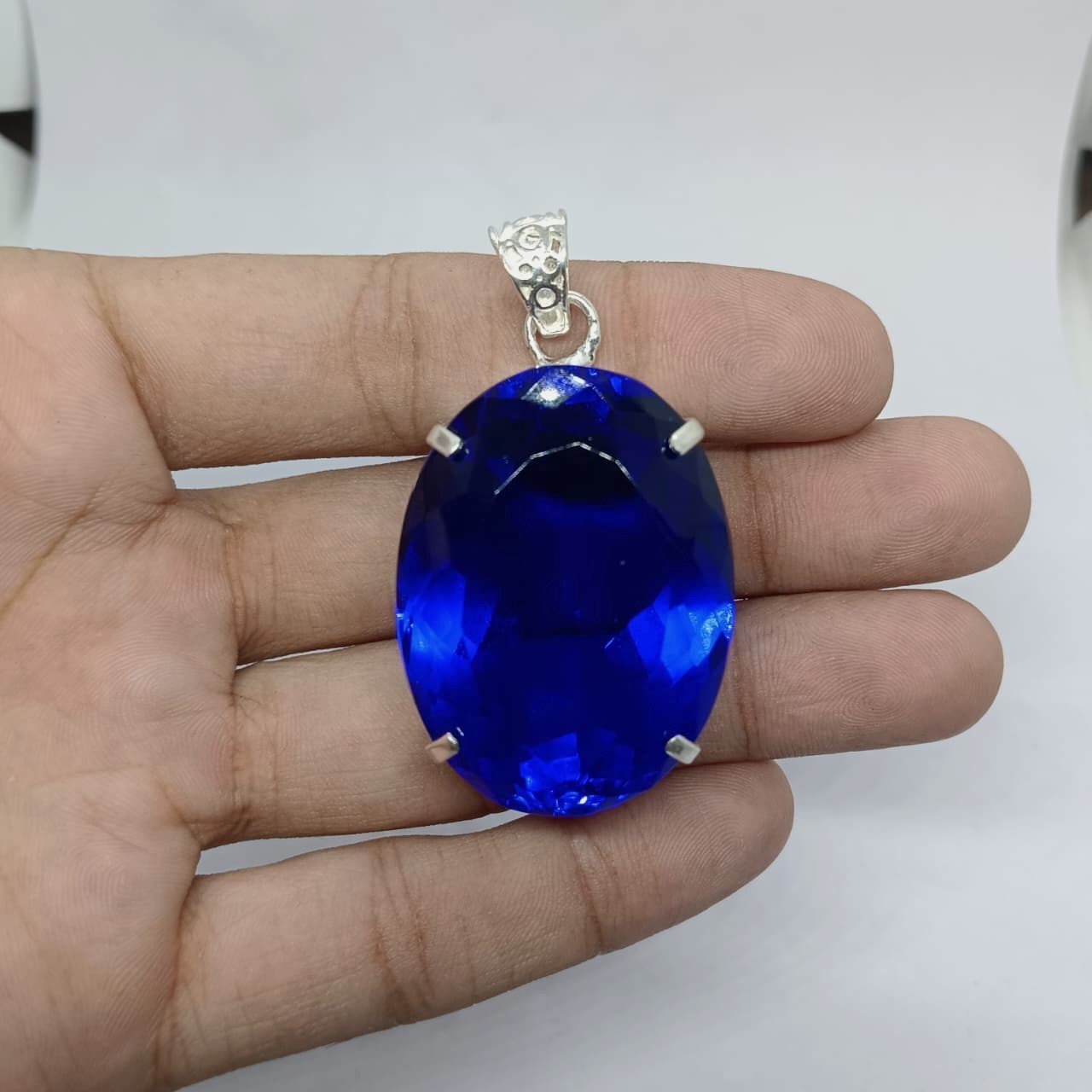 Oval Blue Sapphire Pendant Necklace | 100-110Ct Handmade Deep Blue Crystal