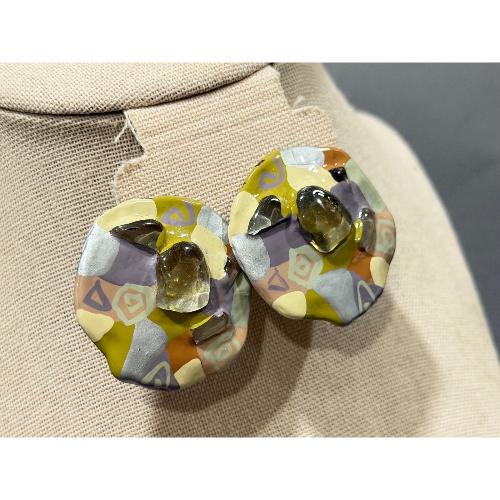 Vintage Artisan Abstract Painted Acrylic Mosaic Clip On Earrings Retro