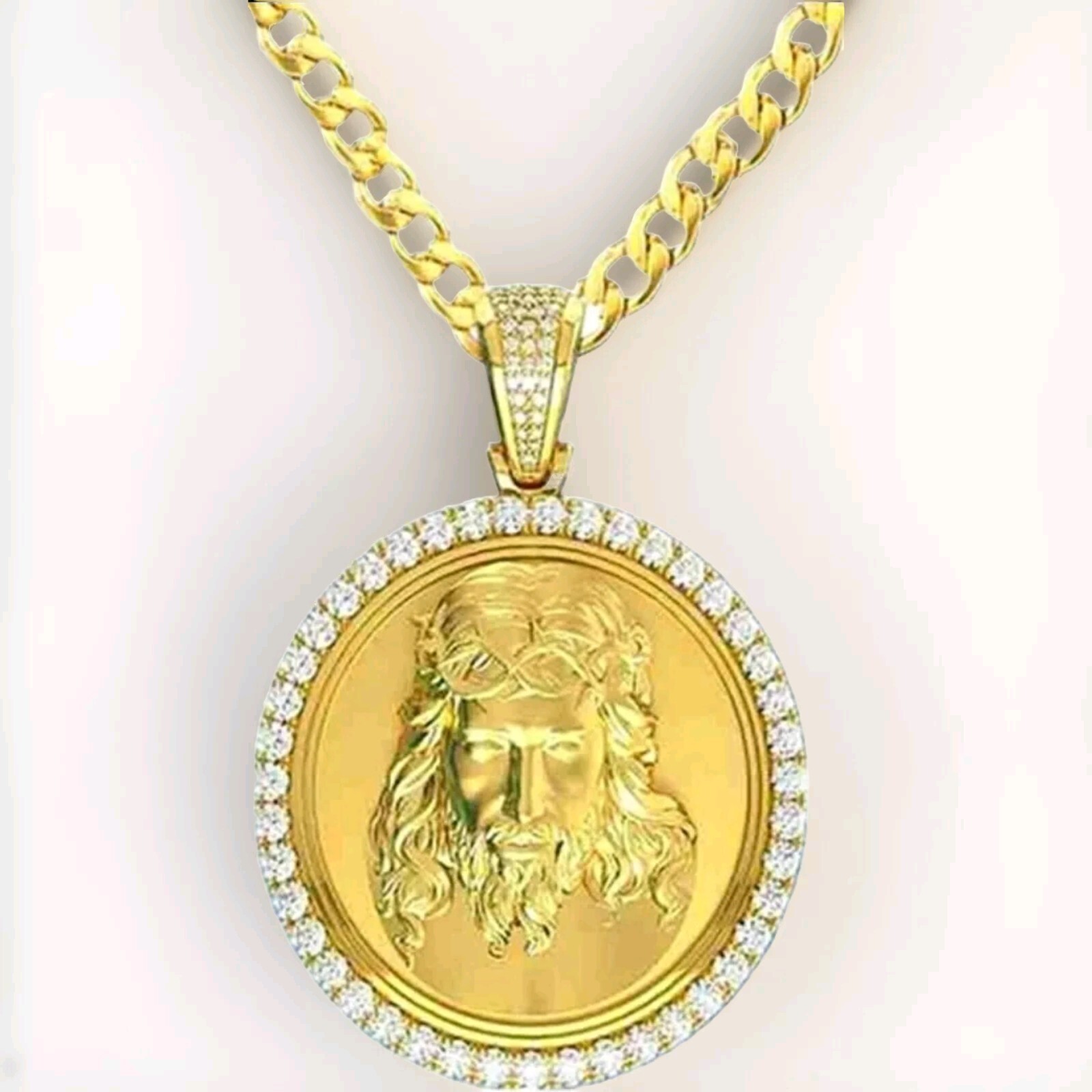 Jesus Face Pendant – Iced Charm & Necklace – Gold Tone Religious Fashion Jewelry