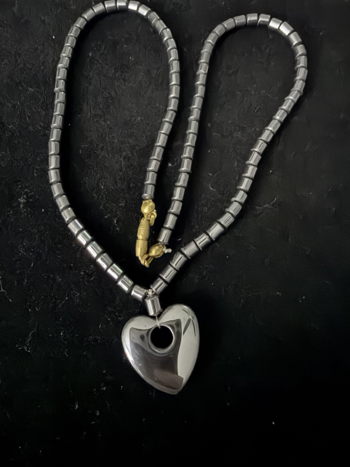 Hematite Heart Charm Pendant Necklace, Gray Beaded Ball Chain, Hook Closure