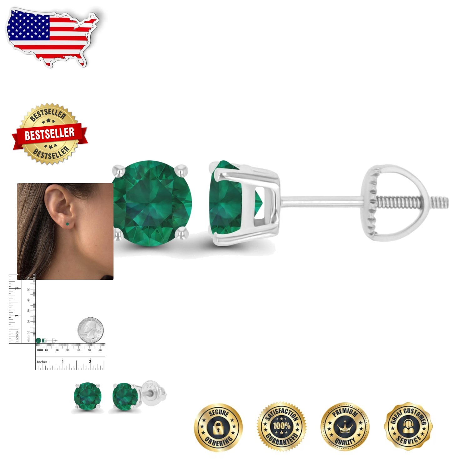 Elegant 5mm Emerald Solitaire Stud Earrings 925 Sterling Silver Hypoallergenic