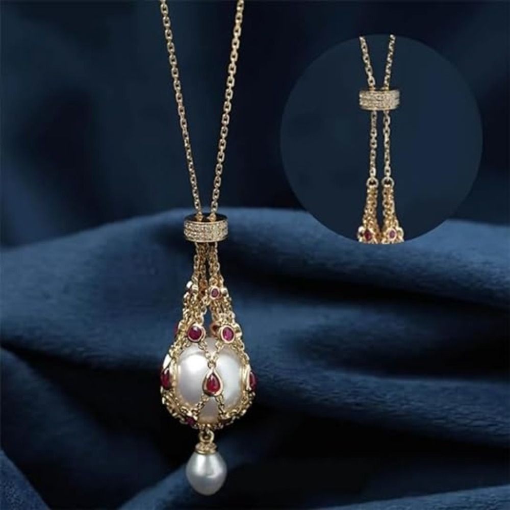 Women’s Faux Pearl Pendant Necklace Crystal Teardrop Mesh Cage Pendant Chain Nec