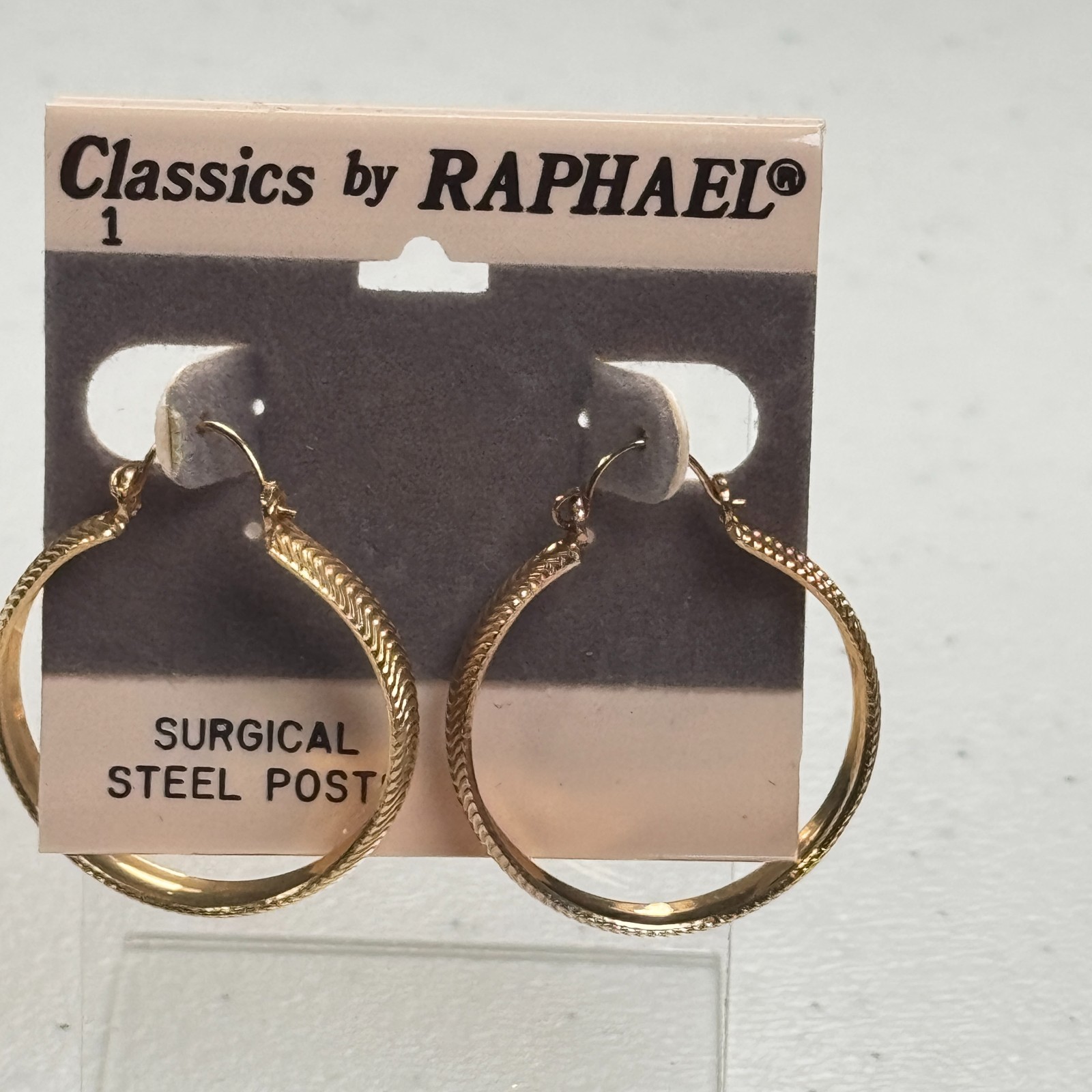 Vintage Pierced Earrings Raphael Gold Tone Etched Oval Hoop Surgical Steel Post