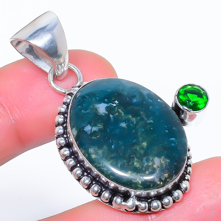 Natural Moss Agate & Tsavorite 925 Silver Plated Jewelry Pendant 1.8″ F2630