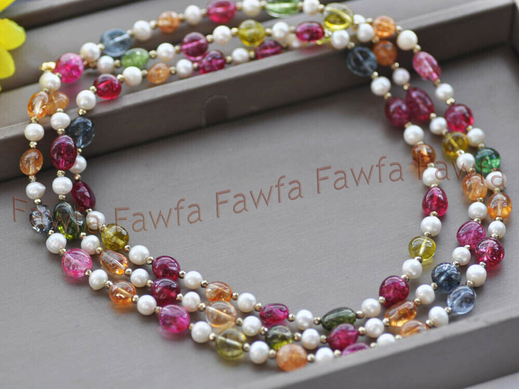 12-15mm Multicolor Tourmaline Irregular Freeform Gems 7-8mm White Pearl Necklace