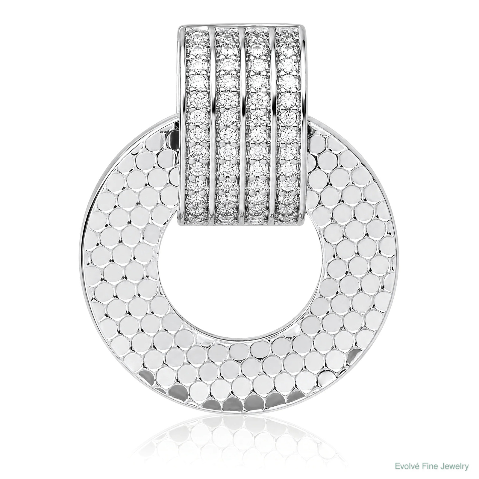 Sterling Silver RH Plated CZ Textured Moveable/Reversible Circle Pendant