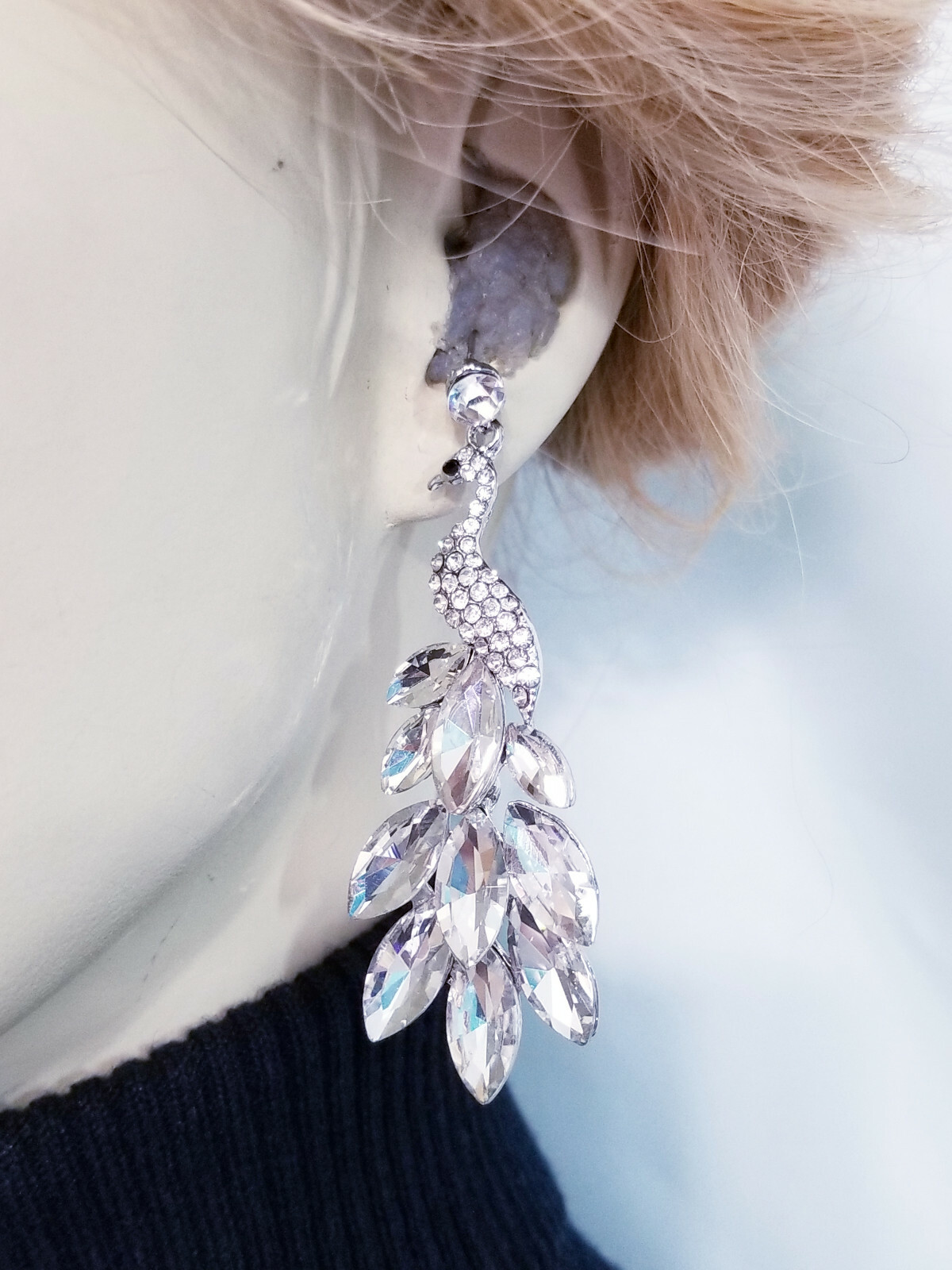 Peacock Drop Earrings Rhinestone Chandelier 2.9 inch Clear