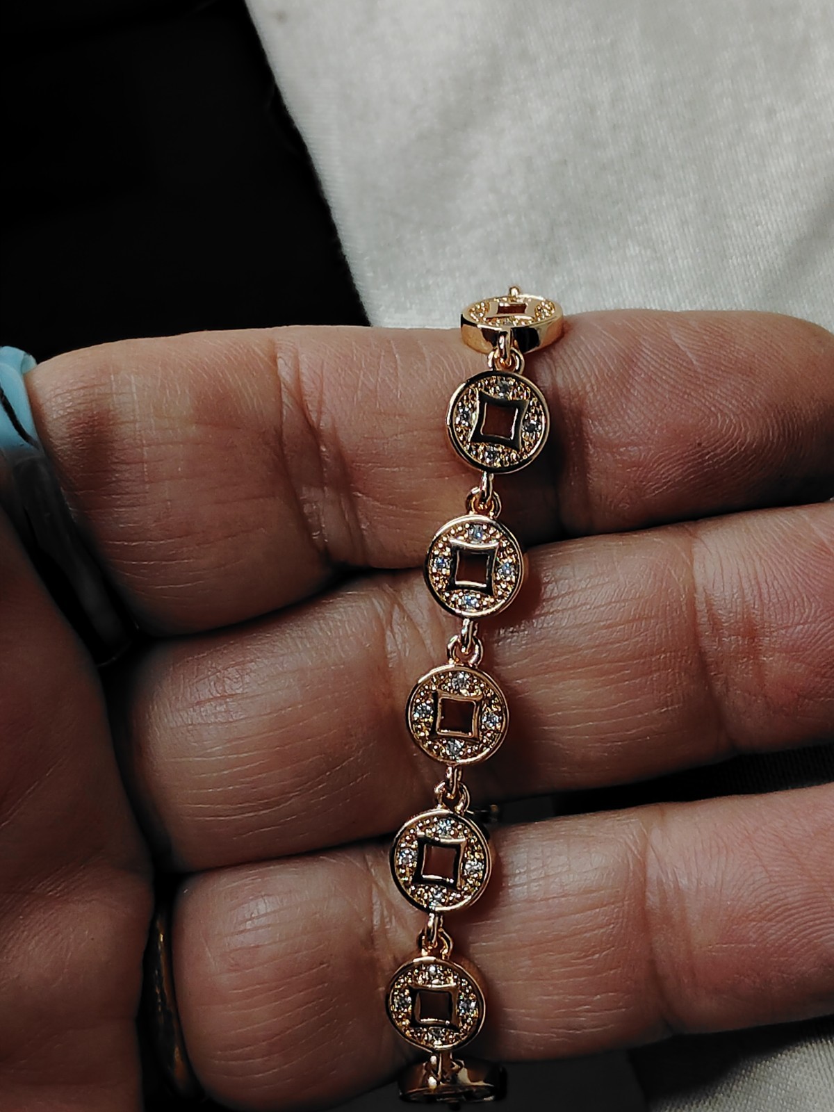 Unsigned Rose Gold Tone Geometric Link Bracelet Clear Pave Rhinestones 7″