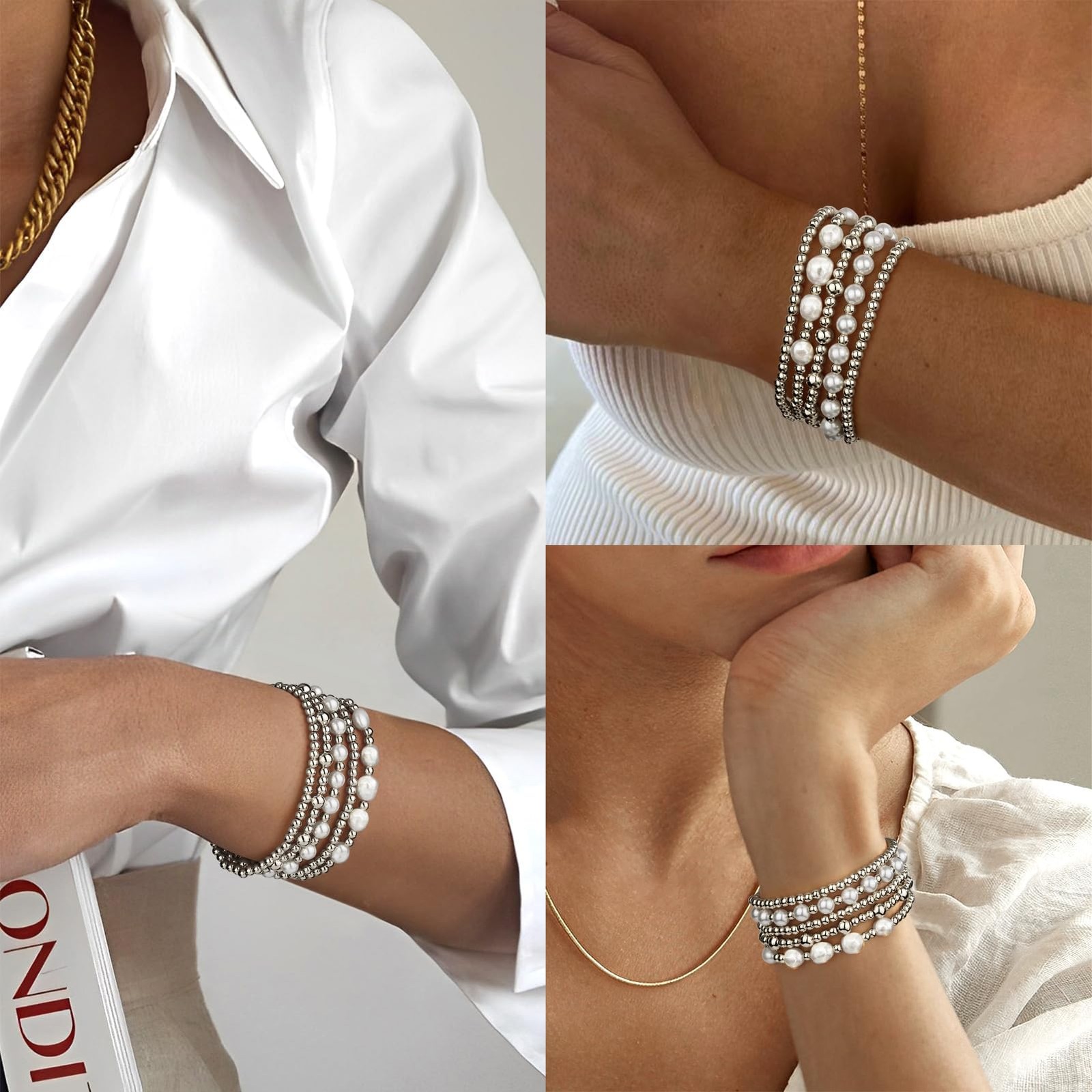 Silver Bracelets For Women Trendy Cute Pearl Beaded Gold Bracelet Stack Set E…