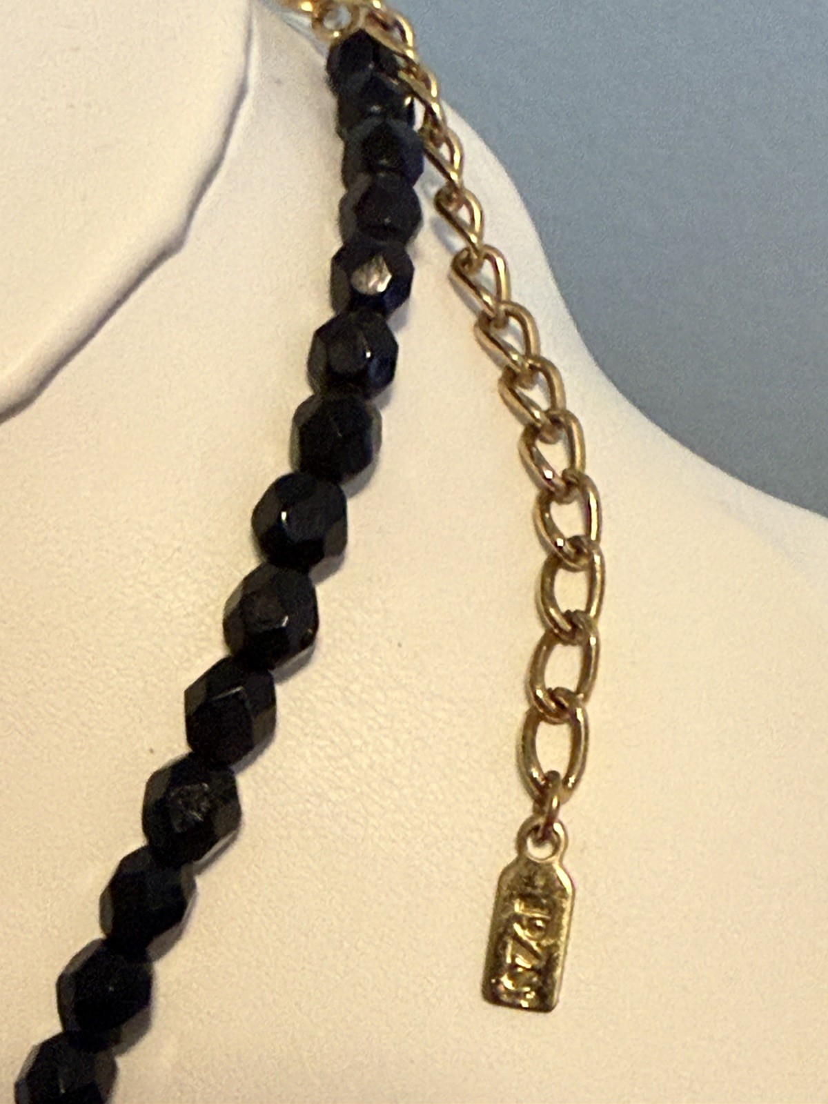 1928 Victorian Black Glass Bead Necklace with Rhinestone Pendant