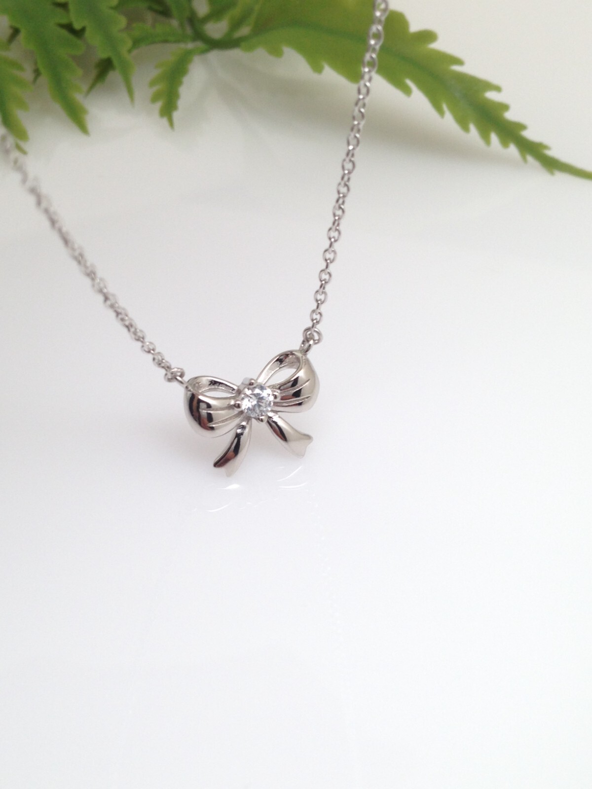 Silver Bow Pendant Necklace Sterling Silver 925 CZ Tiny 12mm 15.25-17.25″
